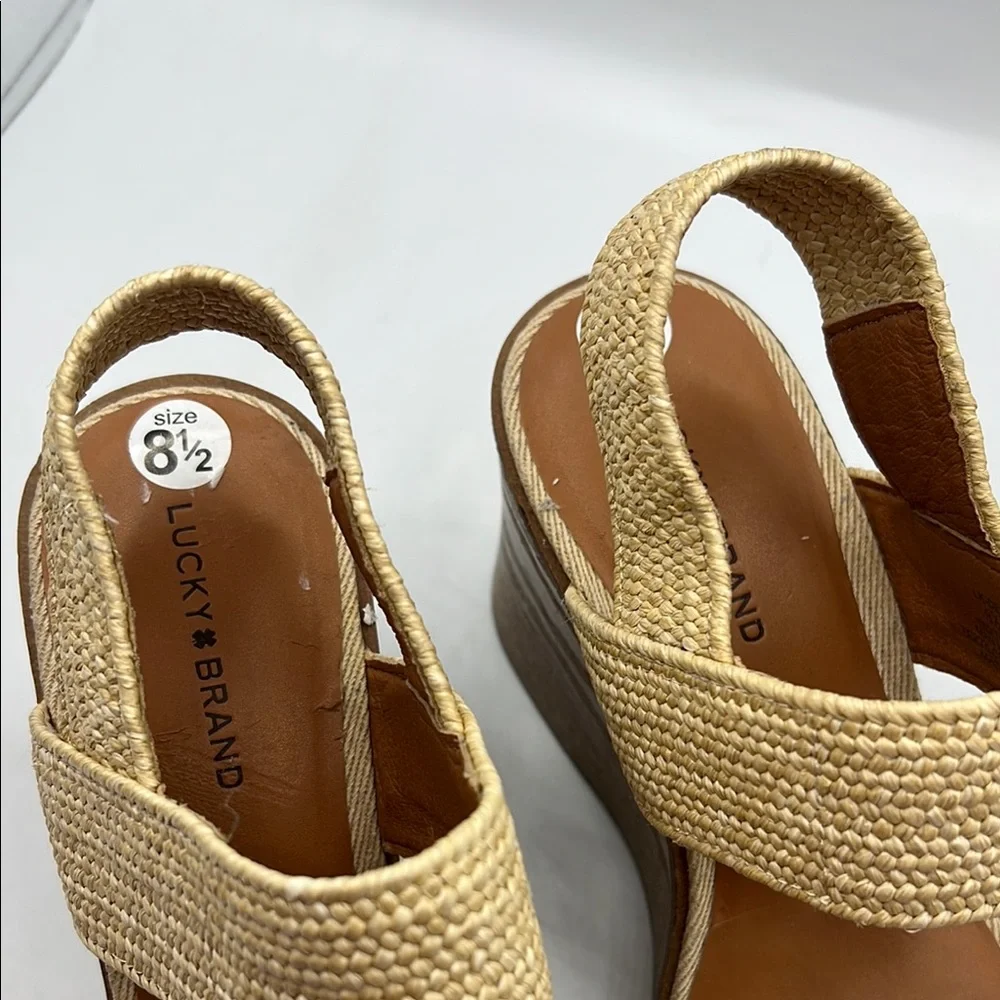 Lucky Brand 8 1/2 Delukah Platform Wedge Sandals Cream Brown Wedge Slingback NEW